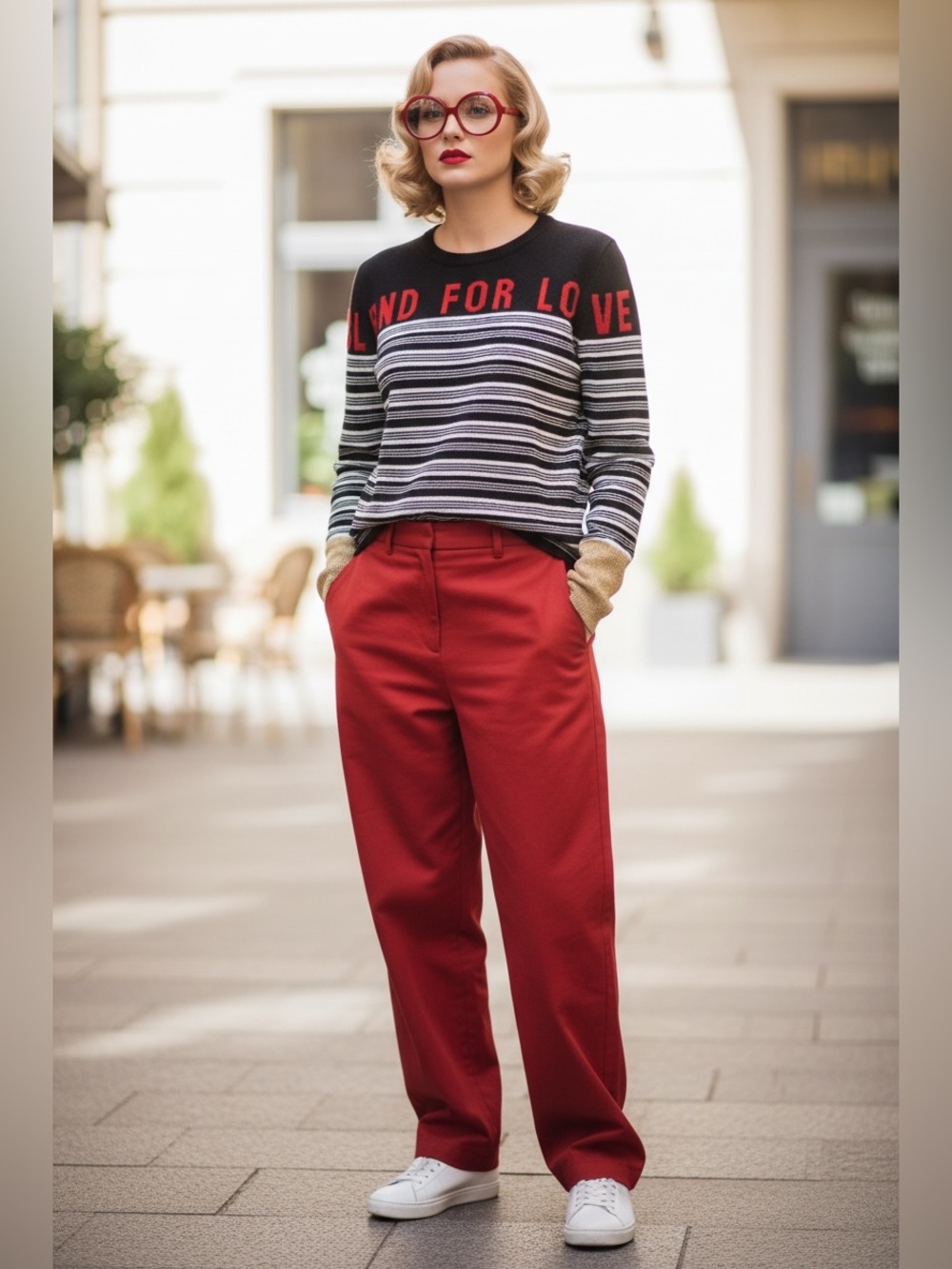 Gucci Black, Red and Beige Striped 'Stand For Love' Sweater with Red Trousers
